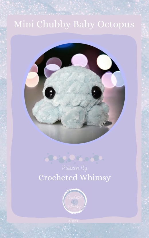 Chubby grey baby octopus amigurumi on a lilac cover