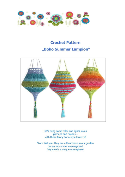 Colorful boho crochet lanterns hanging in a row