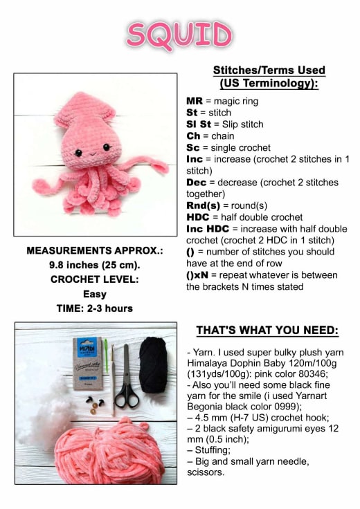 Pink plush crochet squid with curly tentacles