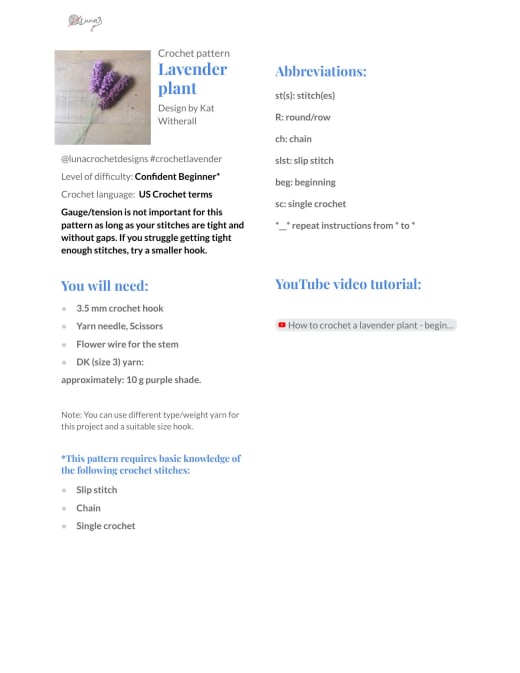 Crochet lavender stems in purple