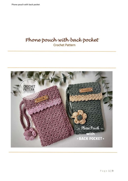 Two crochet phone pouches, one pink with a flower and one gray, with straps