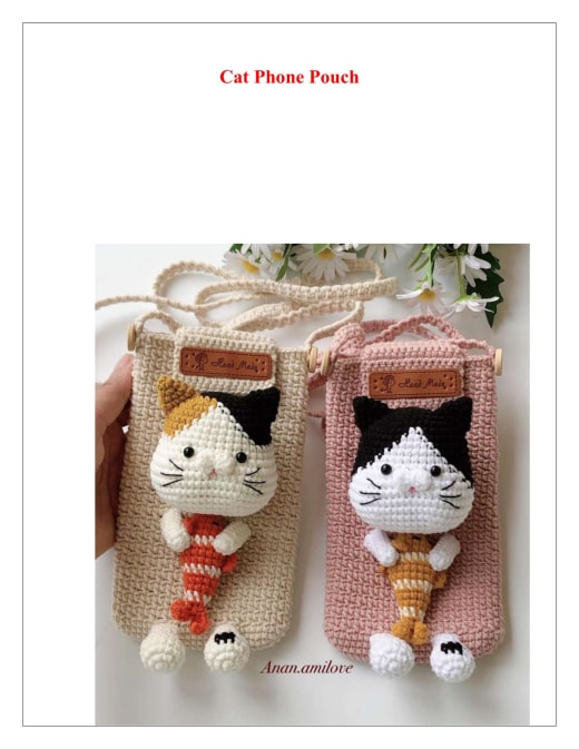 Two crochet phone pouches with cats peeking out of the top