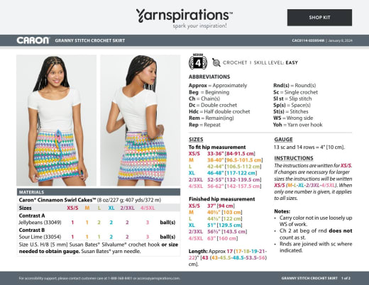 Woman wearing a colorful striped granny stitch crochet skirt with a white top