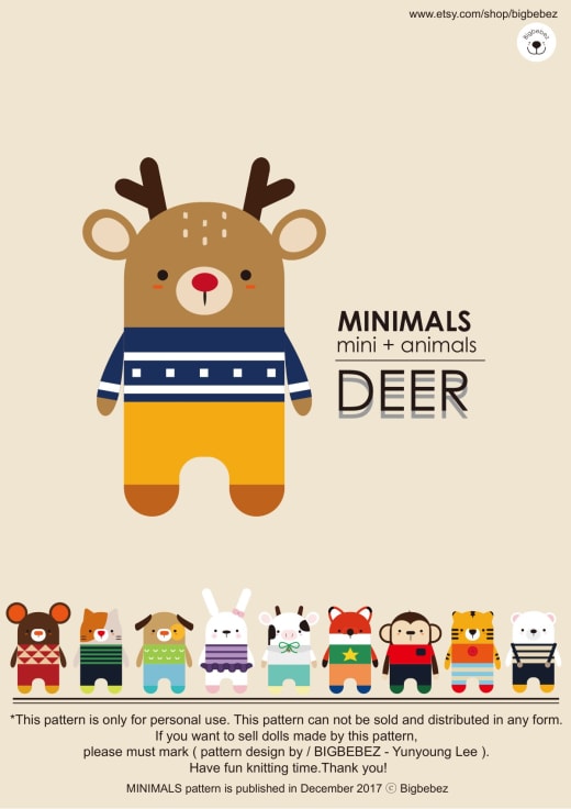 Minimals deer amigurumi with antlers in a navy sweater and yellow trousers