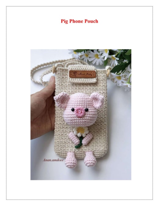 Beige crochet phone pouch with a pink pig peeking over the top