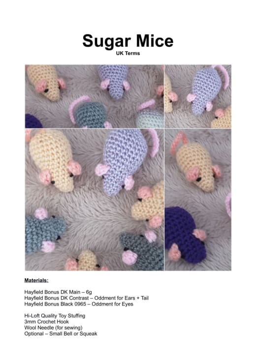 Collage of small crochet sugar mice in pastel colors with long tails