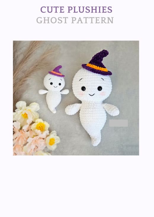 White plush crochet ghost wearing a purple witch hat with an orange band