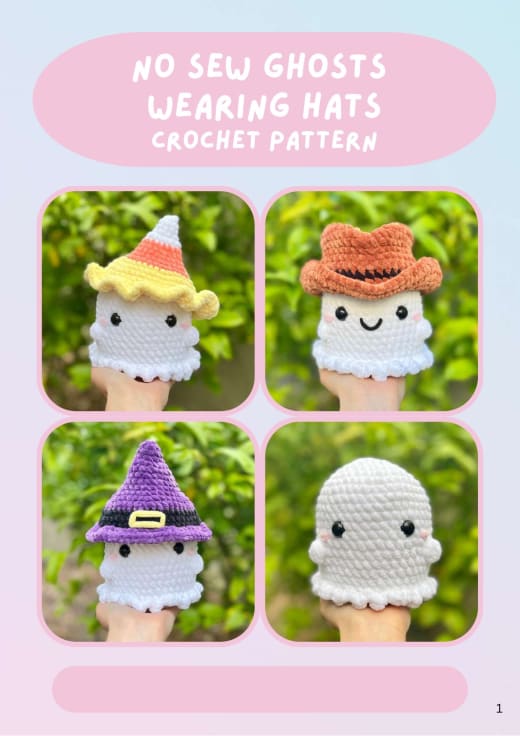 Three crochet ghosts wearing a witch hat, candy corn hat and cowboy hat