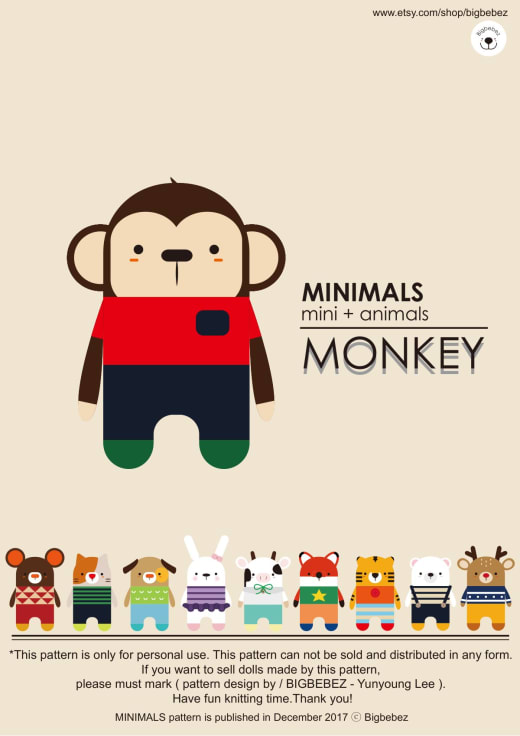Minimals monkey amigurumi in a red sweater and navy trousers