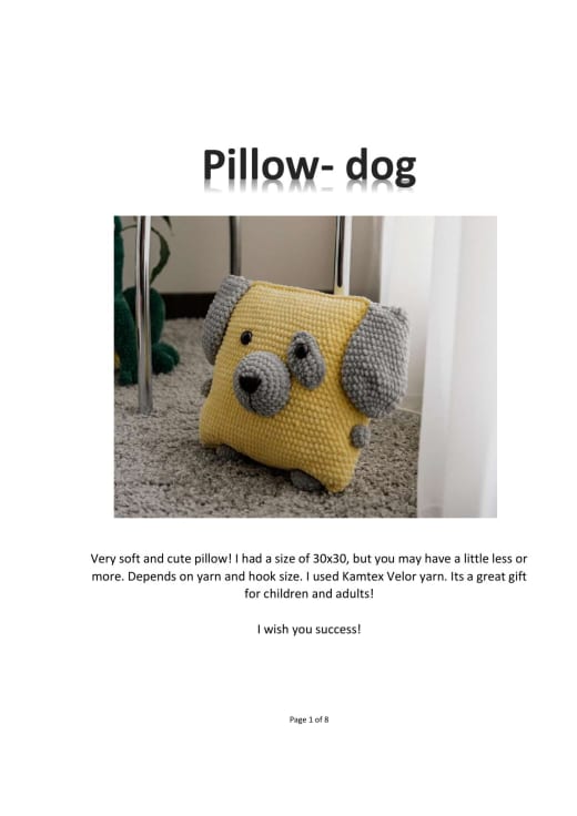 Yellow plush crochet puppy dog pillow with gray ears