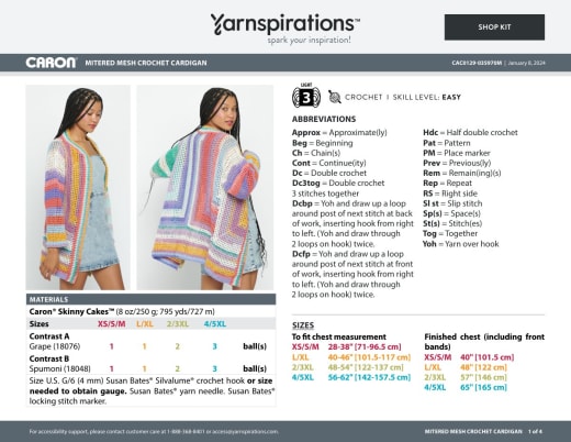 Woman wearing a colorful mitered mesh crochet cardigan