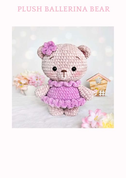 Plush beige ballerina teddy bear in a purple tutu