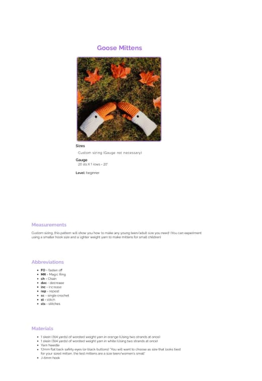 Pair of white crochet mittens shaped like geese with orange beaks