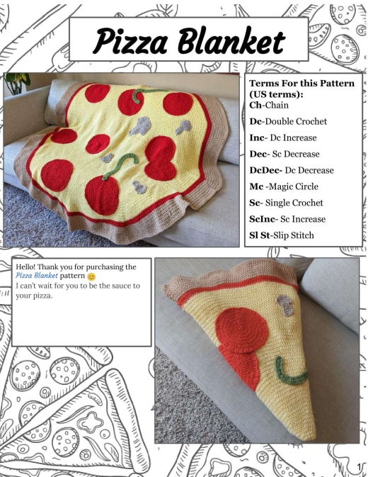 Round crochet pizza blanket with red pepperoni on yellow cheese