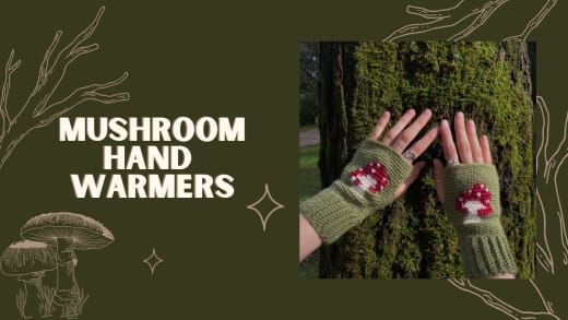 Green fingerless hand warmers with a red mushroom motif worn by a woodland plant