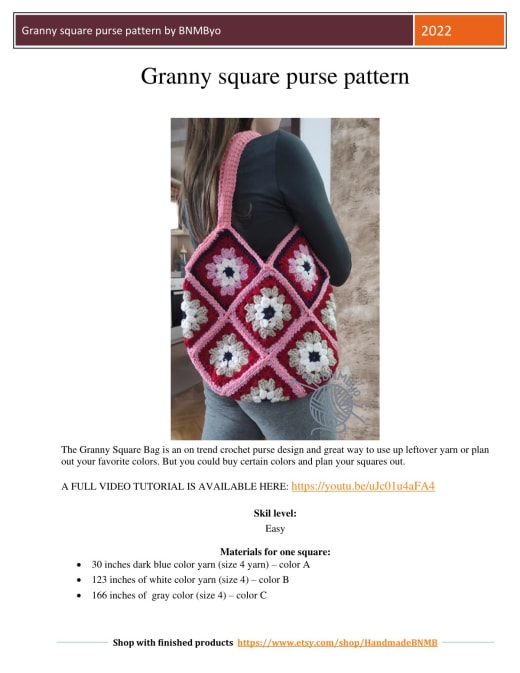 Woman carrying a red, pink and white granny square purse