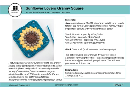 Granny square with a yellow and brown sunflower on a teal background