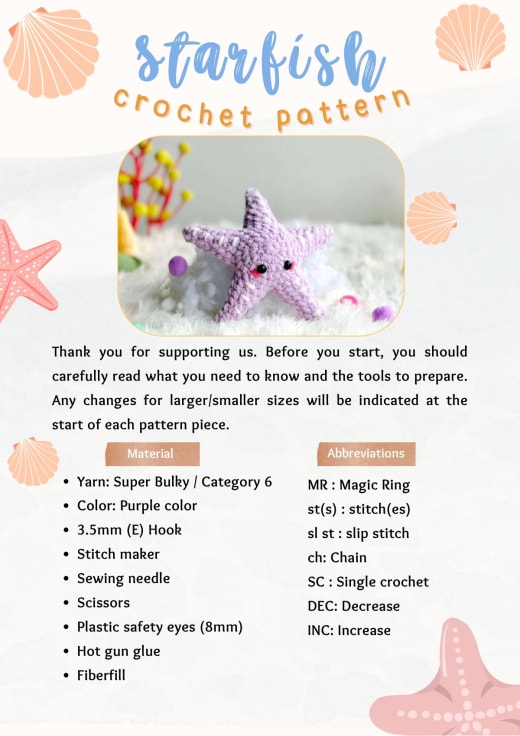 Purple crochet starfish with a smiling face and safety eyes