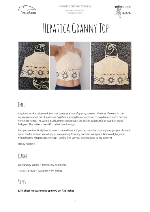Woman wearing an ecru crochet halter top with a band of blue and green granny squares