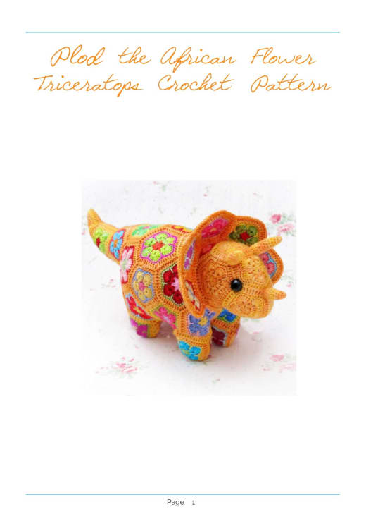 Colorful crochet triceratops made from African flower motifs