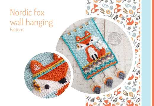 Nordic fox wall hanging with a fox face and a teal background