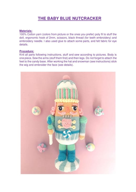 Baby blue and pink crochet nutcracker standing on a candy base