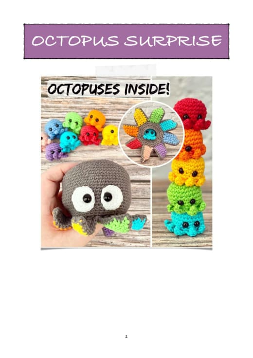 Big grey crochet octopus with eight mini rainbow octopuses inside