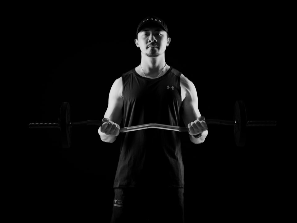 Barbell curl, symmetrical studio lighting