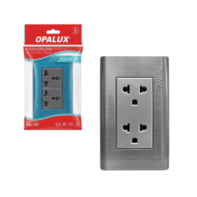 Tomacorriente Metálico Universal Doble 2 Polos + Línea a Tierra 15A 125–250V AC con Dado de 7 cm para Instalaciones Residenciales y Comerciales OPALUX OP-S26 