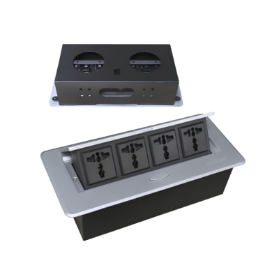 Tomacorriente para Mueble Color Plata con 4 Tomas Universales Tapa Deslizante, Potencia Maxima de 2500 W y Diseño Empotrable para Escritorios, Oficinas y Cocinas OPALUX OP-UTS4SL