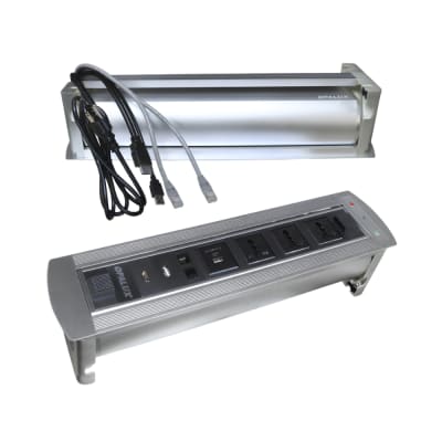 Toma Corriente Multifuncional para Mueble  9 Tomas Color Plata con Tomas Múltiples a Tierra, USB-C, USB 5V/18W, RJ45 Cat6, USB de Datos y HDMI Opalux OP-ATS8SL