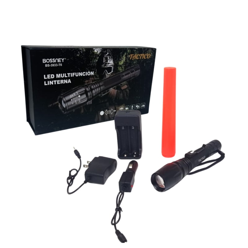  Linterna Tactica de Mano Multifuncion  Con Zoom  y Vara Roja  Bossney BS-3933-T6 