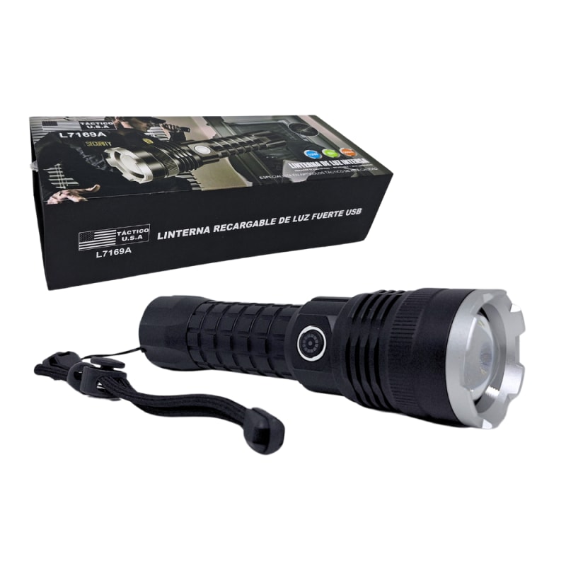 Linterna Tactica de Metal Recargable 5 Modos de Iluminacion con Zoom y Rompevidrio