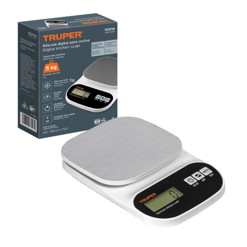 Balanza Digital de Cocina 5Kg Truper BASE-5EA Plato de Acero