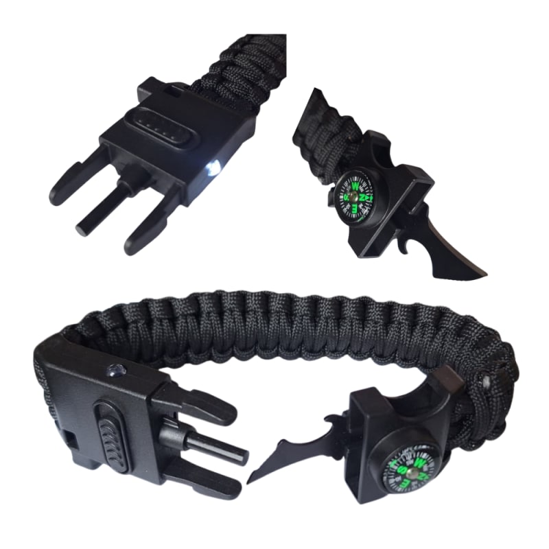 Pulsera Tactica Paracord Camping y Supervivencia Con Navaja Silbato Mechero Brujula y Linterna