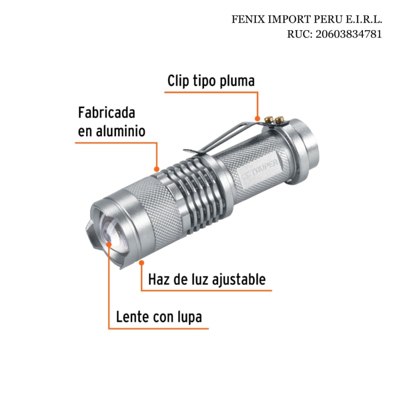 Linterna de Aluminio 1 LED 40 Lumenes con 1 Pila AA Recargable Compacta Portatil con Zoom Ajustable y Clip Truper LINA-1AA 