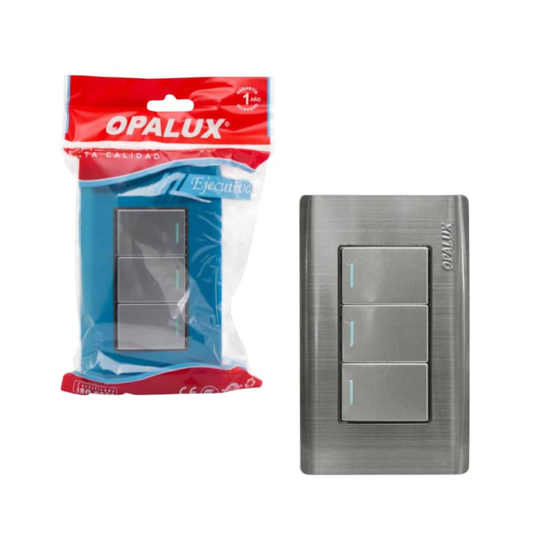 Interruptor Metalico Triple con Dado Grande  10A 127–250V AC para Instalaciones Electricas Residenciales, Comerciales y Oficinas OPALUX OP-S03