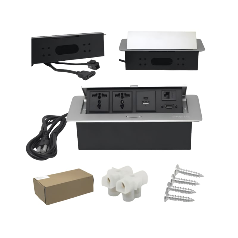 Tomacorriente Empotrable para Mueble o Escritorio con 2 Tomas Universales, HDMI, RJ45 Cat6, USB-C y USB-A, Carcasa de Aluminio y Cable de Poder Opalux OP-UTS4DG 