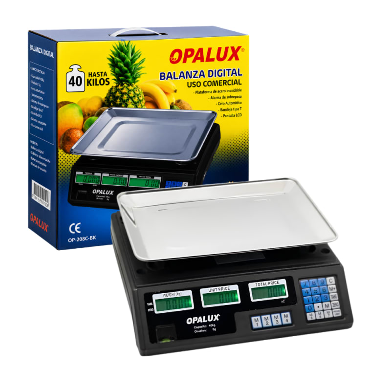 Balanza ElectrOnica Comercial  con Bandeja Ovalada de Acero Inoxidable 40 kg Pantalla LCD Doble 7 Memorias Alarma de Sobrecarga Opalux OP-208C-BK Negra