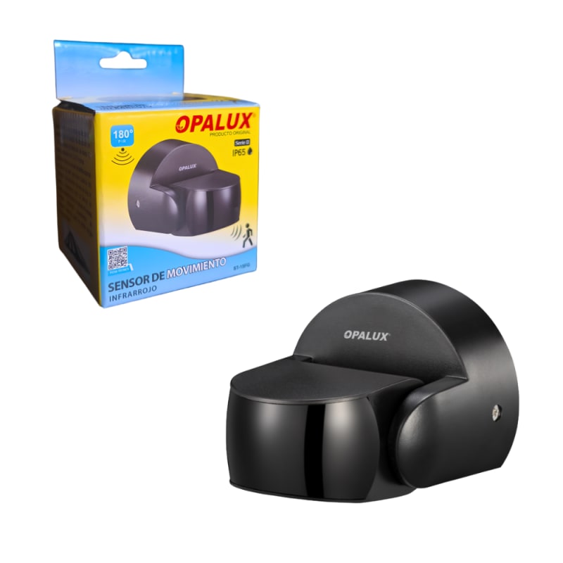 Sensor de Movimiento Infrarrojo Blanco de 12 Metros 180° con Control de Sensibilidad, Tiempo y Luz para Montaje en Pared Negro Opalux ST-15FG