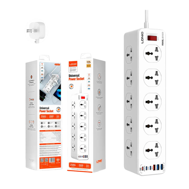 Supresor de Picos 10 Tomas 3 Puertos USB-A 3 Puertos USB-C PD Carga Rapida de hasta 33 W 2mLDNIO