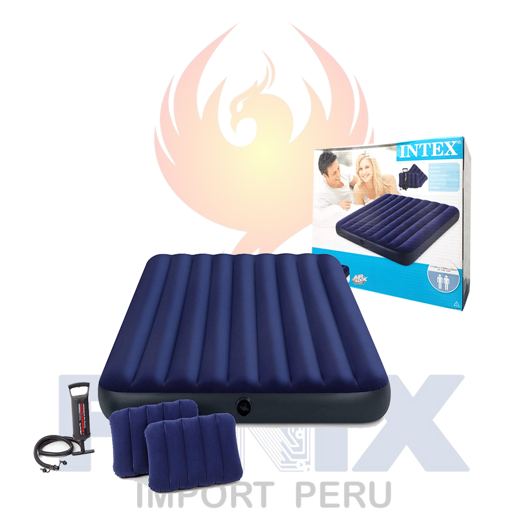 Colchón Inflable Queen Intex + Inflador + 2 Almohadas Camping