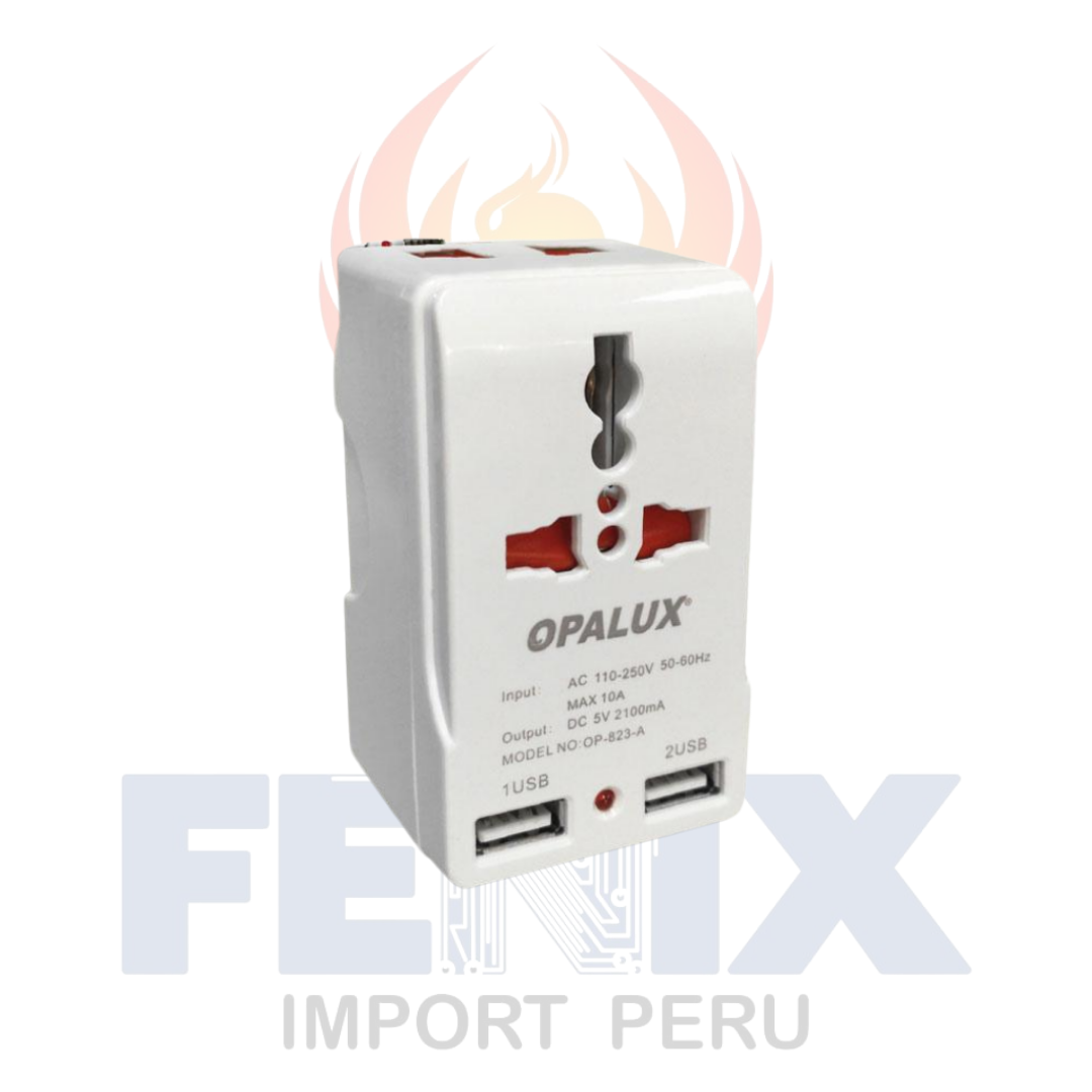 Adaptador Enchufe Multiple Con 2 Puertos Usb Op-823 A Opalux
