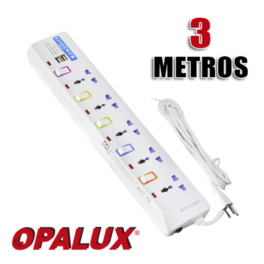 Supresor de 5 Picos 2 USB Opalux 3 Mts Con Switch Reset