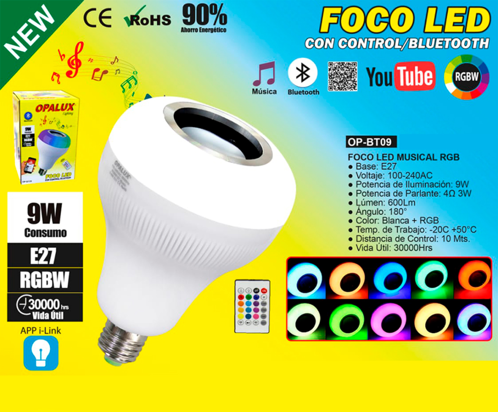 Foco Led Multicolor Con Parlante Bluetooth 9W OP-BT09