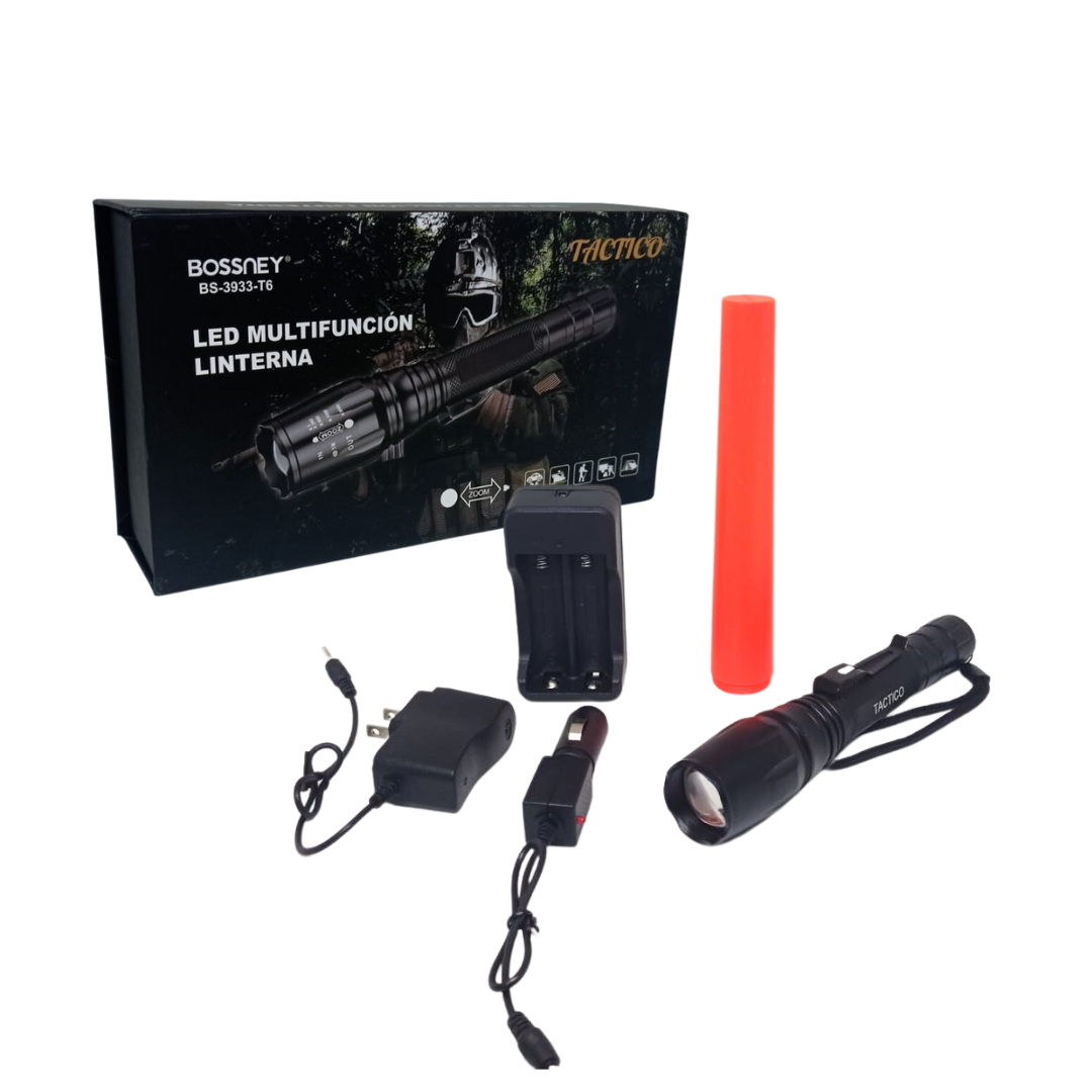  Linterna Tactica de Mano Multifuncion  Con Zoom  y Vara Roja  Bossney BS-3933-T6 