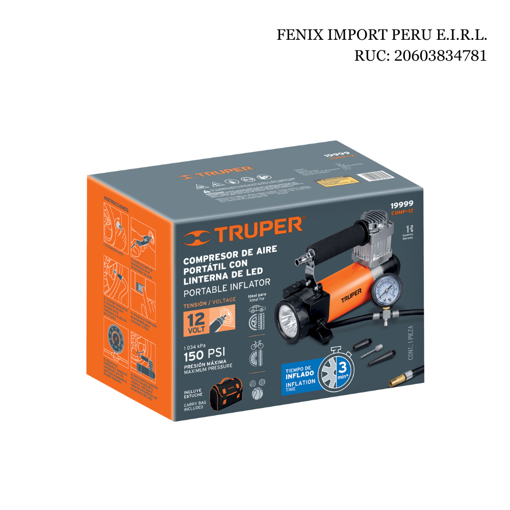 Compresor de aire 12 V portátil, para auto, con maletín y linterna
