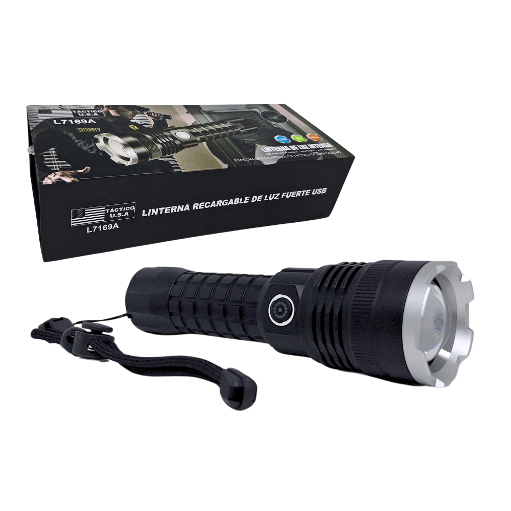 Linterna Tactica de Metal Recargable 5 Modos de Iluminacion con Zoom y Rompevidrio