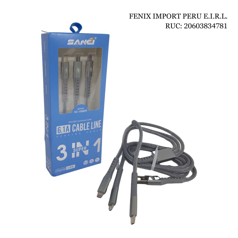 Cable Celular 3 en 1 Tipo C, V8 y Lightning SANCI 6.1 A SC-X8809