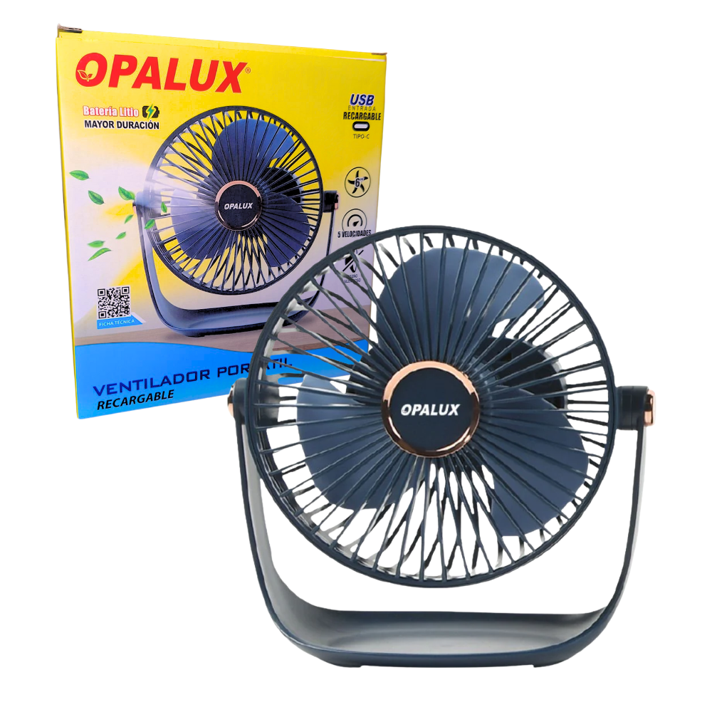 Ventilador Portátil Recargable Opalux Azul 5 Velocidades Con Luz LED OP-TF60-AZ